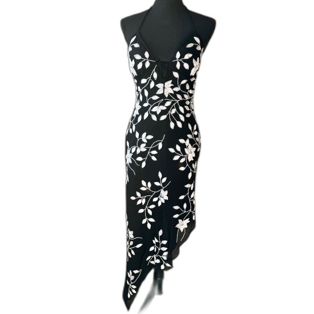 Size M Y2K Vintage Cache silk beaded asymmetrical halter dress Whimsygoth 10721